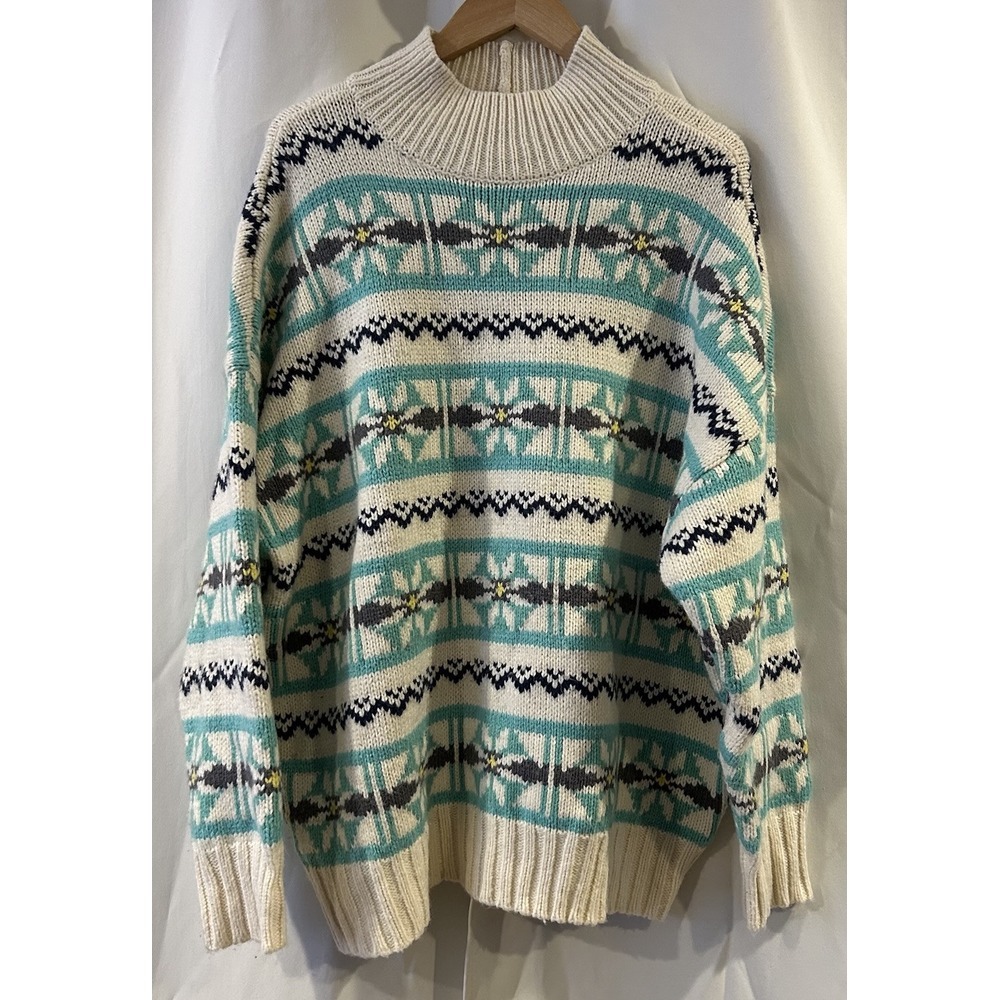 American Eagle Oversized Fairisle Mock‎ Neck Sweater Green Cream Women's Large